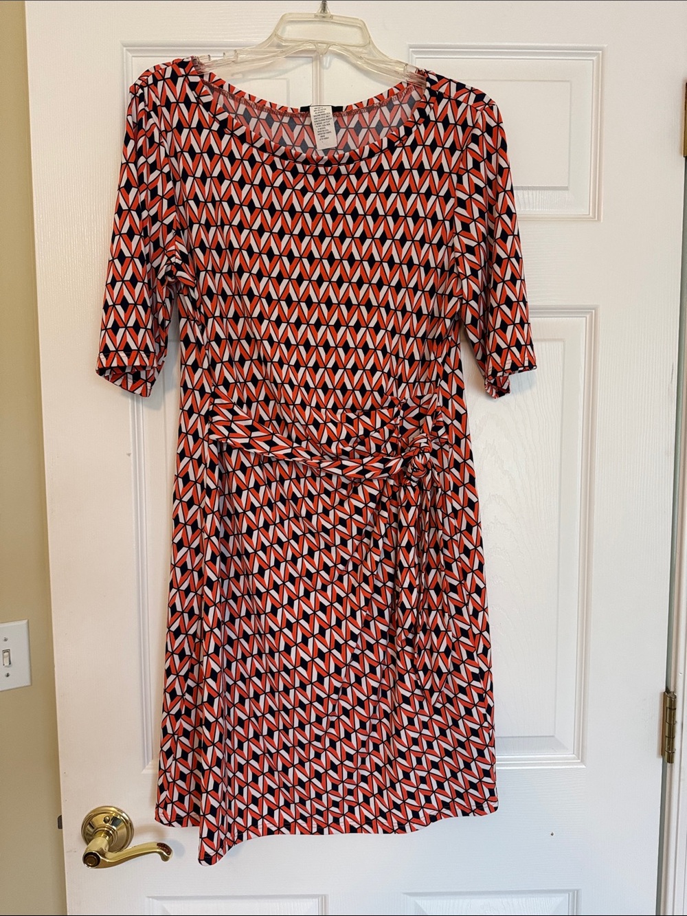 Geometric Print Tie-Waist Dress in Orange and Navy Stretch Office Women’s
